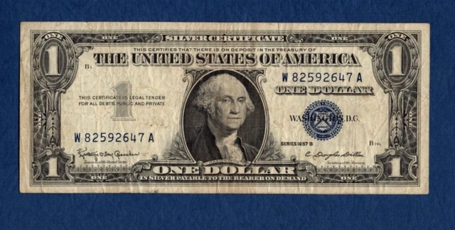 1957B Silver Certificate One Dollar Bill $1 Blue Seal Avg Circulated W82592647A