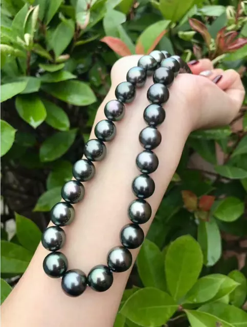 18" AAAA luster 9-10MM real natural Tahitian black pearl necklace 14k Clasp