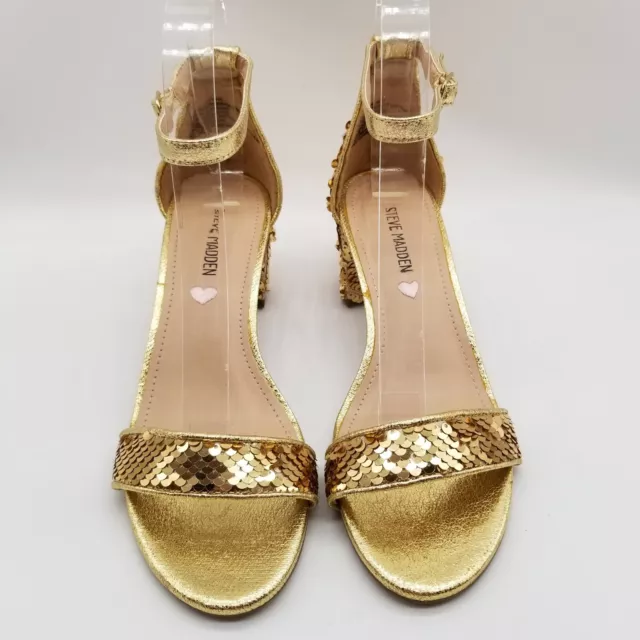 Steve Madden Girls  Carrson Sandal Size 5 Gold Sequin Ankle Strap Block Heel 2