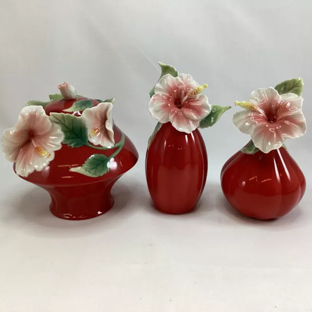 Set Of 3 Franz Hibiscus Porcelain Sugar Bowl, Salt & Pepper Shakers (3E) MO#8683