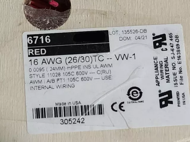 Alpha Wire 6716 #16awg EcoWire mPPE Tinned Copper Hook Up Wire 600V Red /25ft