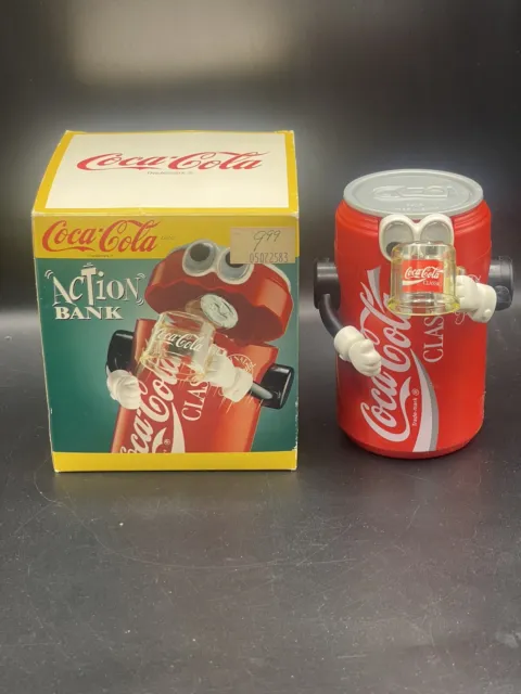 Vintage Coca Cola Classic Can Mug Mechanical Action Coin Bank With Box