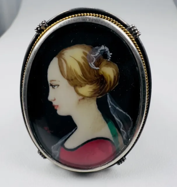 Antique Hand Painted Victorian Portrait Brooch Pendant Cameo 800 Silver