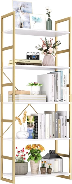 5 Tier Bookshelf, Industrial Gold Bookcase with Metal Frame, Modern Display Shel