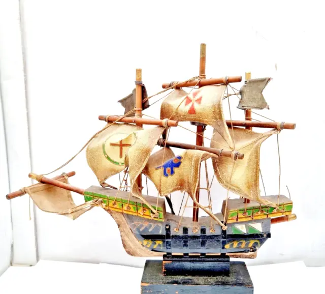 Vintage Sail Ship Gallion Wood Boat Model from Sweden Handmade Folk Art