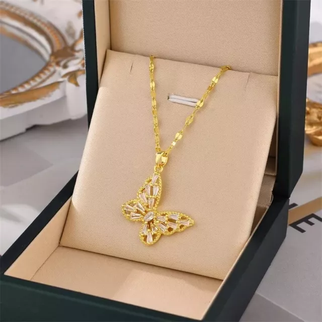 Luxus Edelstahl Halskette Kette Kristall Schmetterling 18K vergoldet Zirkonia