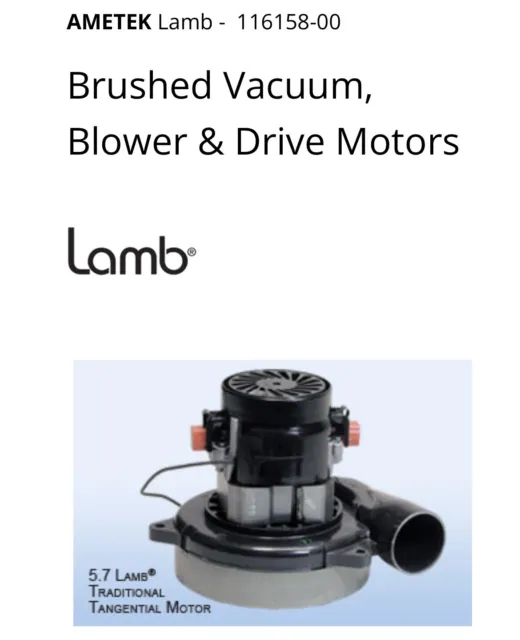 Ametek Lamb Brushed Vacuum Motor Model 116158-00