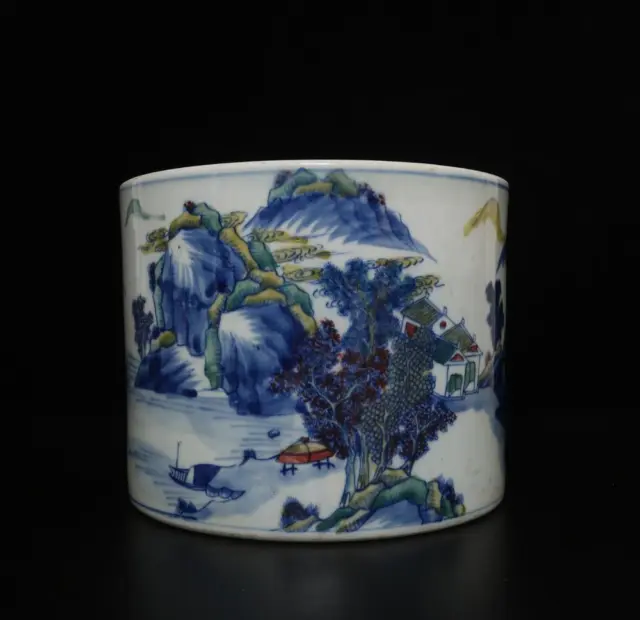 Kangxi Signed Rare Antique Chinese Blue & White Porcelain Brush Pot w/hill