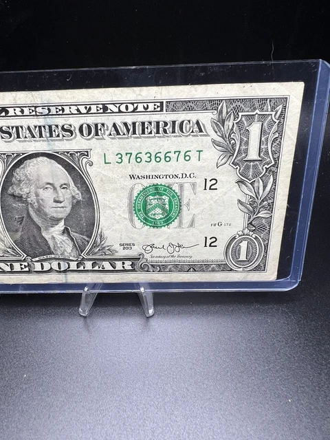 One dollar bill with VERY COOL fancy serial number L 3763  6676 T,lot 111