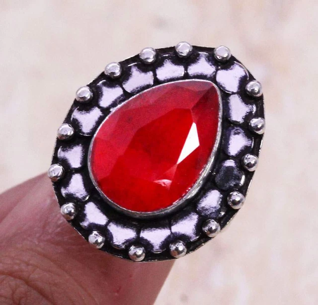 Simulated Ruby 925 Silver Plated Handmade Ring of US Size 5.5 Ethnic Gift