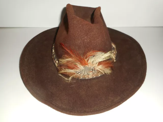 Vintage CHEYENNE LONGHORN Wool Ranch Hat BROWN Feathers Woman's Size 7 1/4 USED