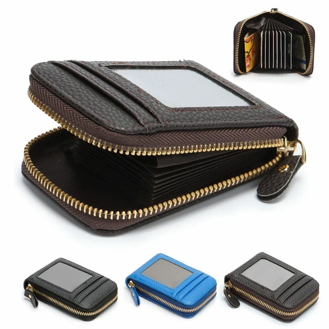 Mens Wallet Credit Card Holder Genuine Leather RFID Blocking Zipper Pocket Thin
