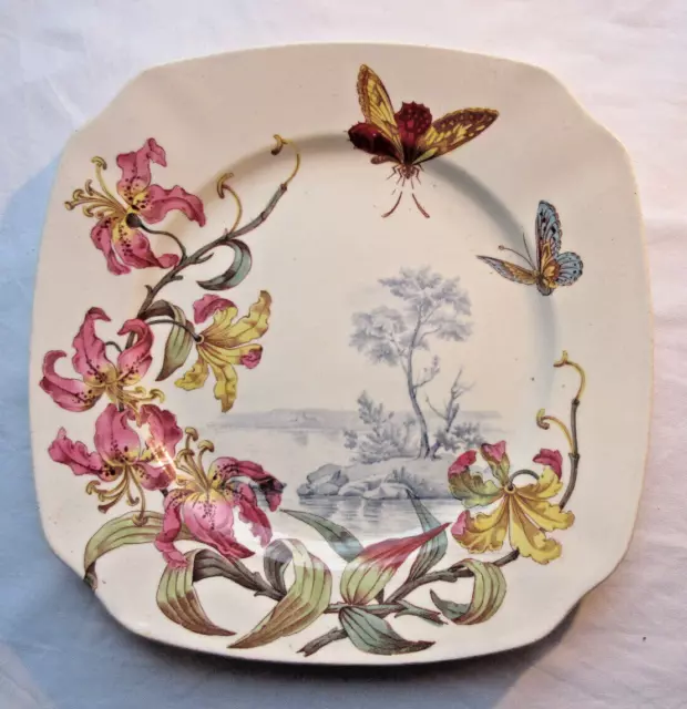 Barbotine assiette polychrome, Lunéville Art Nouveau: Orchidées Papillons, N°2