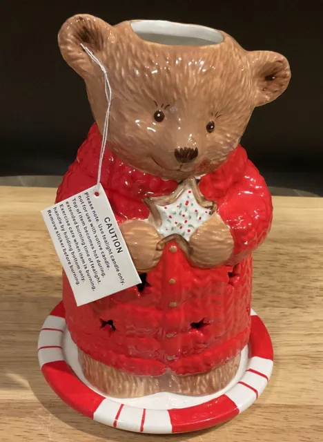 Hallmark 6” Ceramic Christmas Bear W/Red Sweater Tea Light Candle Holder NOS