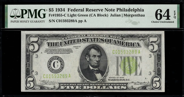 1934 $5 Federal Reserve Note Philadelphia Light Green Seal FR.1955-C PMG 64 EPQ
