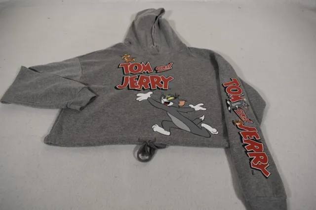 Tom & Jerry Sweater Womens Extra Small Gray Red Hoodie Crop Sweatshirt Ladies