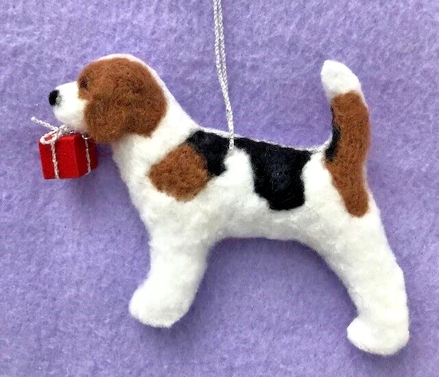 BEAGLE  with CHRISTMAS GIFT BOX decoration - PART NEEDLE FELTED DOG