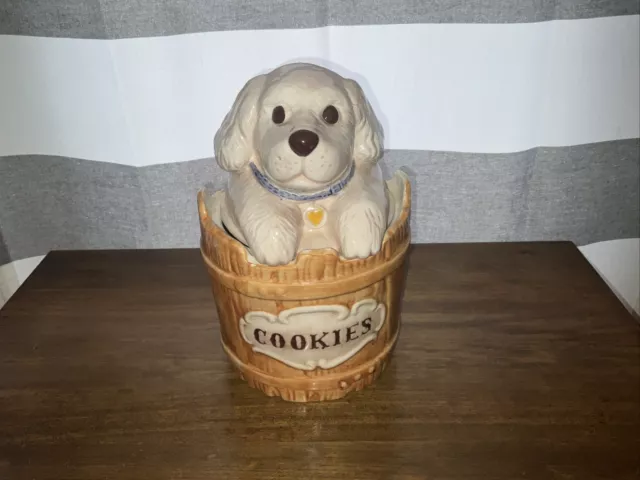 Vintage Treasure Craft Cookie Jar Puppy Dog In A Barrel 11” Cute!
