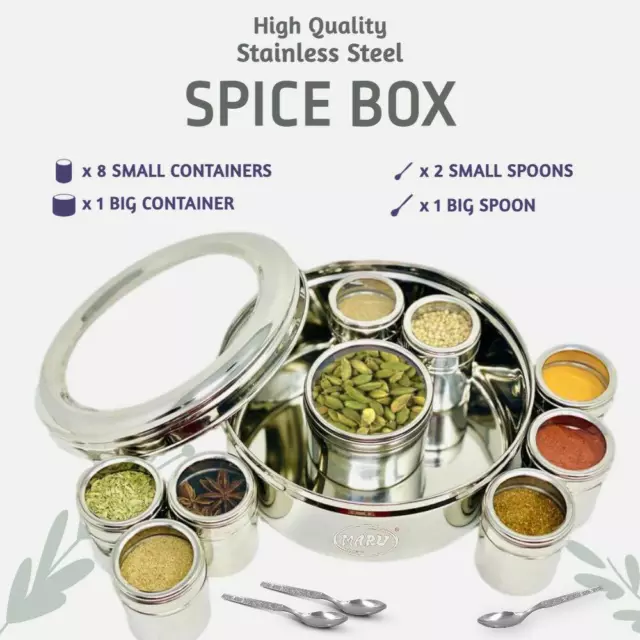 Redondo Indio Spice Caja Masala Dabba con Cuchara 9 Contenedores Acero 2.5L 2