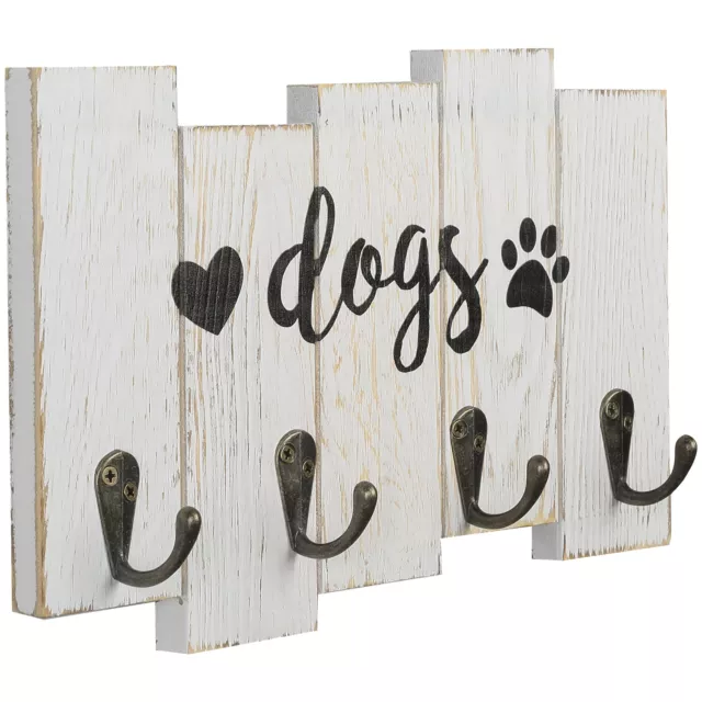 4-Hook Rustic Whitewashed Wood Wall Mounted Dog Leash Holder & Key Hook Rack