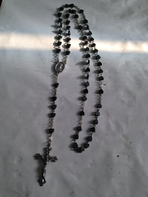 Vintage Silver Catholic Rosaries Heart Shape Hematite Rosary Beads Italy