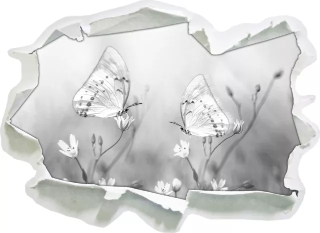 Deux Belles Blanc Papillon Sur Petites Fleurs - 3D-Look Papier Sticker Mural A /