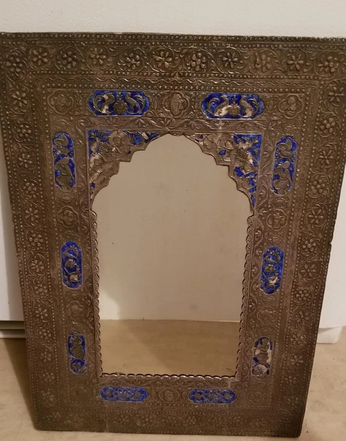 SILVER MIRROR with Enamel  QAJAR PERSIAN 18th CENTURY  ANTIQUE 17"x 12"