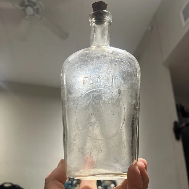 ANTIQUE BRC CO Whiskey Strap side Warranted Flask Bottle Hand Blown