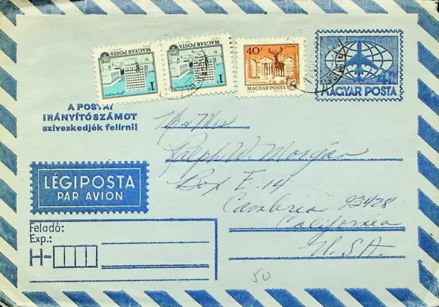 HUNGARY 3v UPRATED ON 4f AIRMAIL ENVELOPE TO CAMBRIA CALIF. USA W/ LETTER
