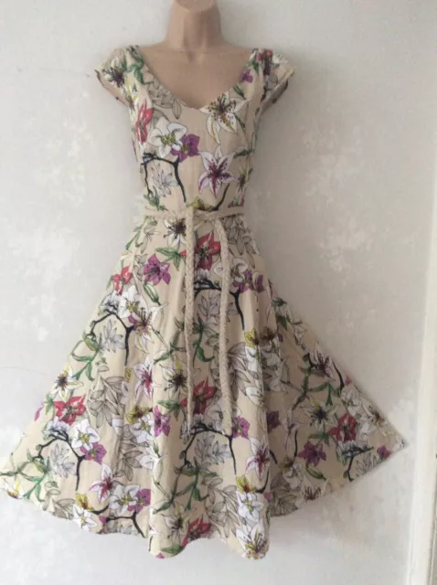 LAURA ASHLEY size 12 Beautiful Floral 1950s Vintage Style Linen Dress