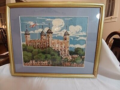 Large British Castle Needlepoint, Finished and Framed, Wall hanging 19 x 16