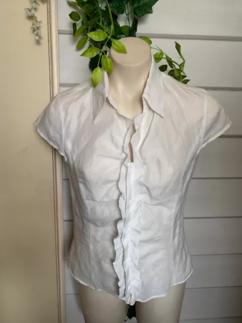 Le Vicky White Linen Shirt Short Sleeve Frills Large