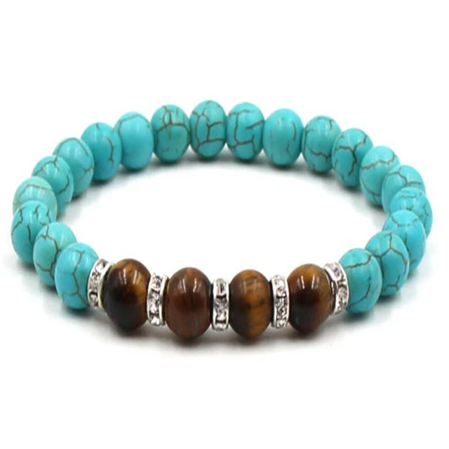 8MM Turquoise Tiger Eye Gemstone mala Bracelet 7.5 inches Energy Wrist