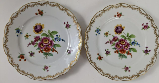 2 - MZ Austria Floral Antique 6.75" Dessert Plate E. Feix Hand Painted Gold Swag