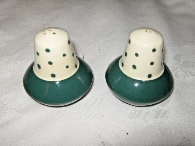 A Pair of Retro 60's Green & White Polka Dotted Pottery Pepper & Salt Shakers