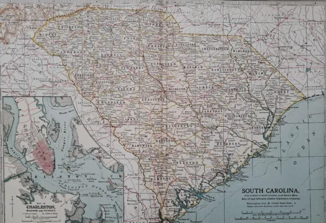 1903 South Carolina state map. Eastern United States. Columbia, Charleston.