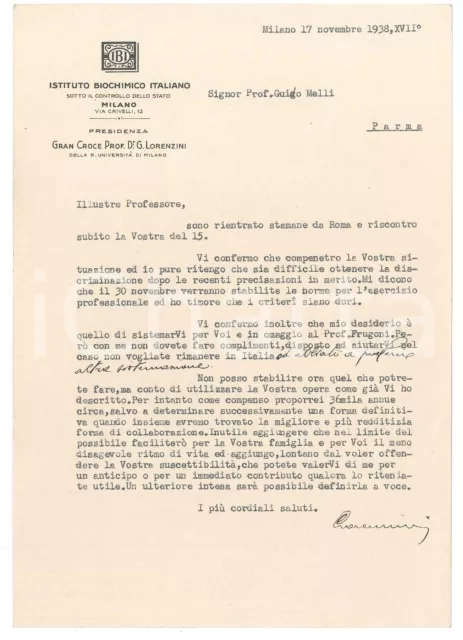 1938 MILANO Lettera Giovanni LORENZINI - Leggi razziali e professioni *AUTOGRAFO