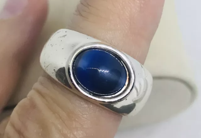Signed LC Liz Claiborne Chunky Silver Tone Blue Stone Cab Ring