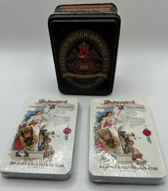 Budweiser Anheuser-Busch Brewing Two Deck Playing Cards In Tin Sealed Cards