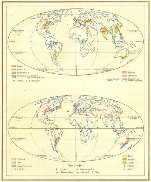 WORLD. Voortbrengselen; Specerijen 1922 old vintage map plan chart