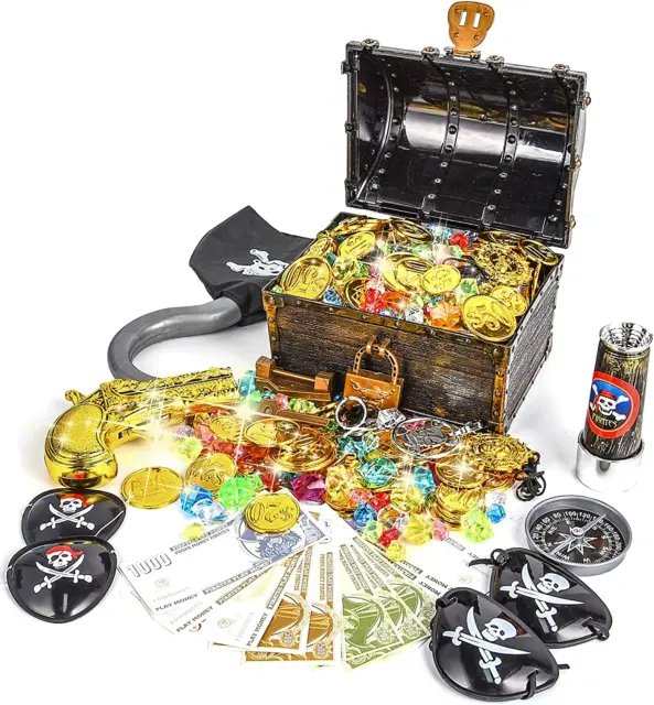 Juguete de caja de pecho pirata dorado con 50 piezas monedas de oro pirata Ulikey