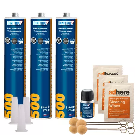 3 x DINITROL 500 WINDSCREEN FITTING KIT BONDING ADHESIVE GLUE SEALANT GLASS WIPE