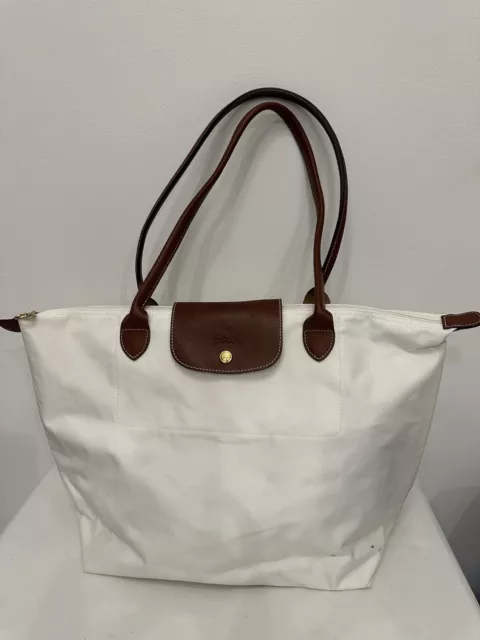 Longchamp Le Pliage White Nylon Brown Leather Trim Tote Shoulder Handbag