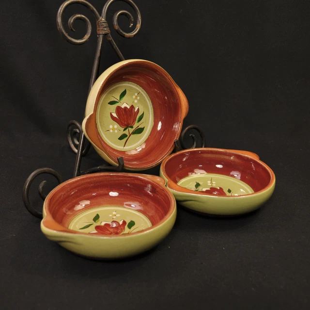 Stangl Magnolia 3 Lugged Soup Bowls Hand Painted Maroon Yellow Green Engobe 1952