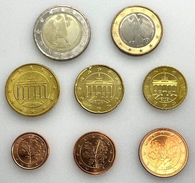 Set of 2002 Germany Circulation Coins €2, €1, 50, 20, 10, 5, 2, 1 Euro Cent, UNC