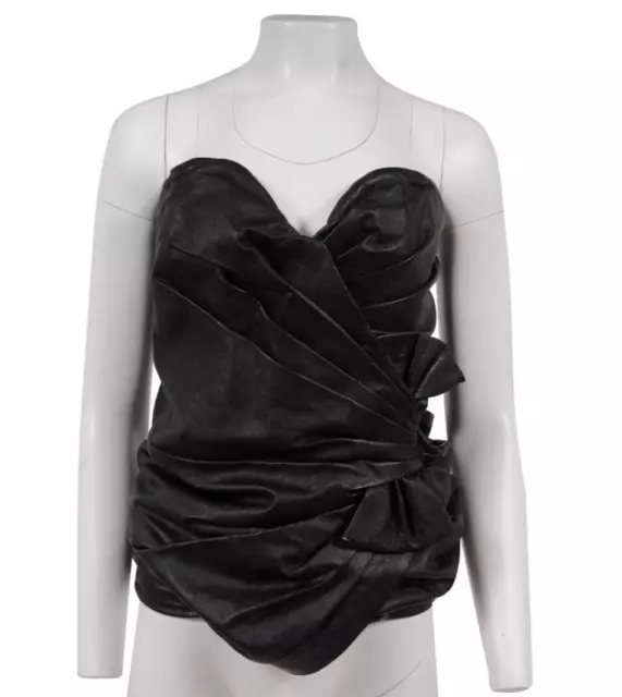 Saint Laurent Womens Strapless Mini Dress Size 38 Black Leather Side Bow Ruffled