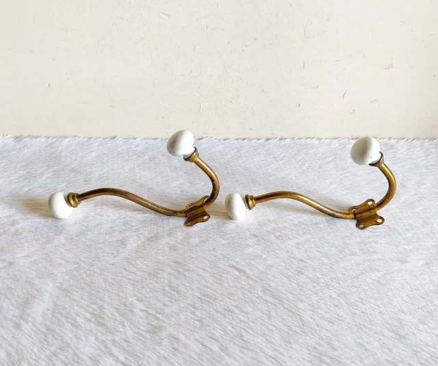 1920s Vintage Victorian Ceramic Knobs Ornate Brass Wall Hanger Hook 2 Pcs M322 3