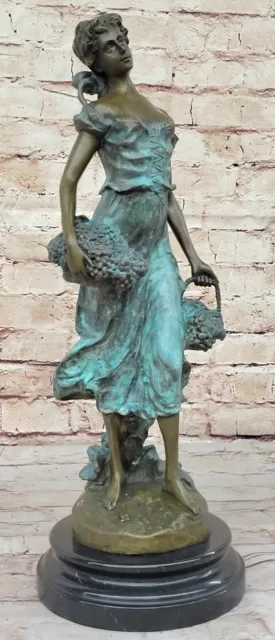 Signed Moreaue Victorian Girl Farmer Harvest Bronze Sculpture Figurine Figure