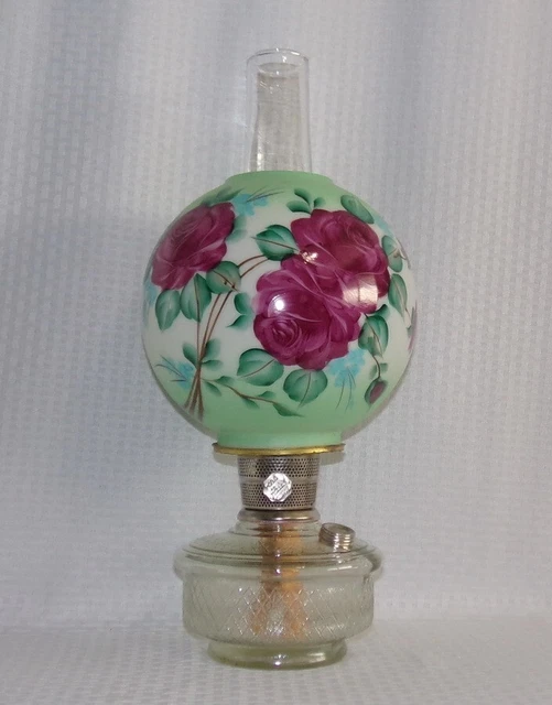 Old Aladdin CLEAR DIAMOND QUILT Shelf Oil Lamp with Hand Painted ROSE Ball Shade