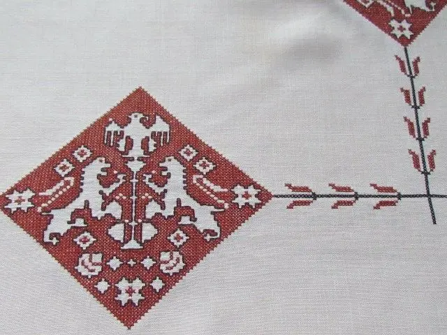 50x53" Vintage Irish Linen Cross stitch hand  embroidered Tablecloth Art Deco